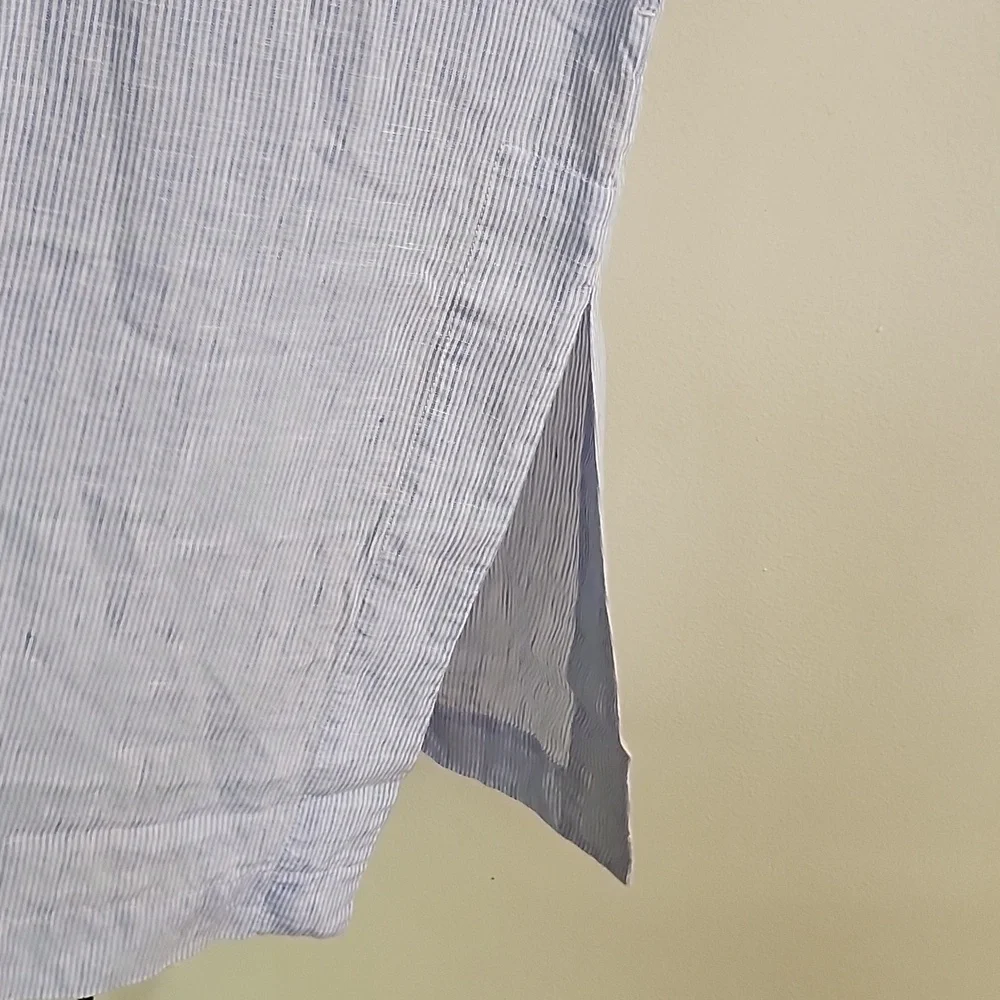 Soft Surroundings Linen Maxi Dress Blue White Striped Embroidered Side Slits S - Picture 8 of 11